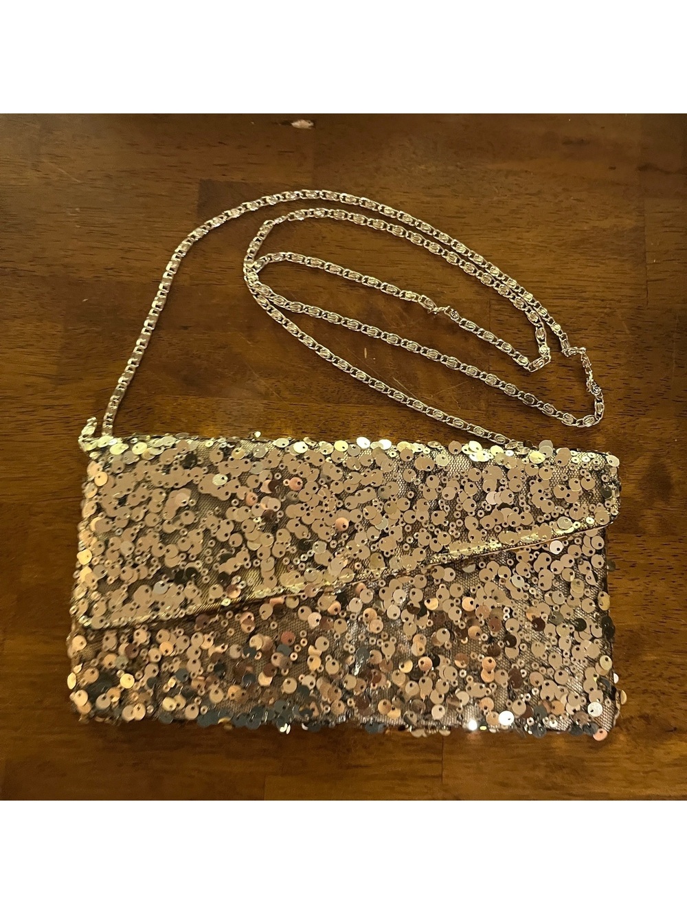 Charming Charlie Gold Sequin Envelope Clutch Crossbody Chain Evening Bag